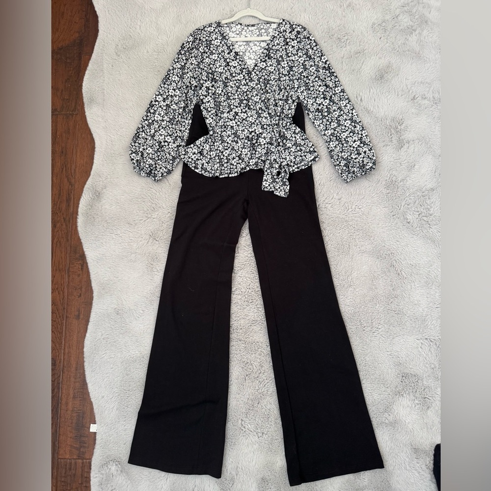 Elegant Black Women's Pants and floral long sleeve blouse